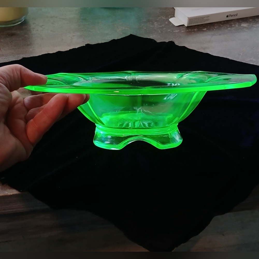 Uranium Vaseline Green Glass Footed Centerpiece Bowl